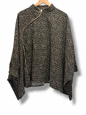 SooLinen Black Cream Floral Linen Cape Blouse One Size NWT Oversized Boho